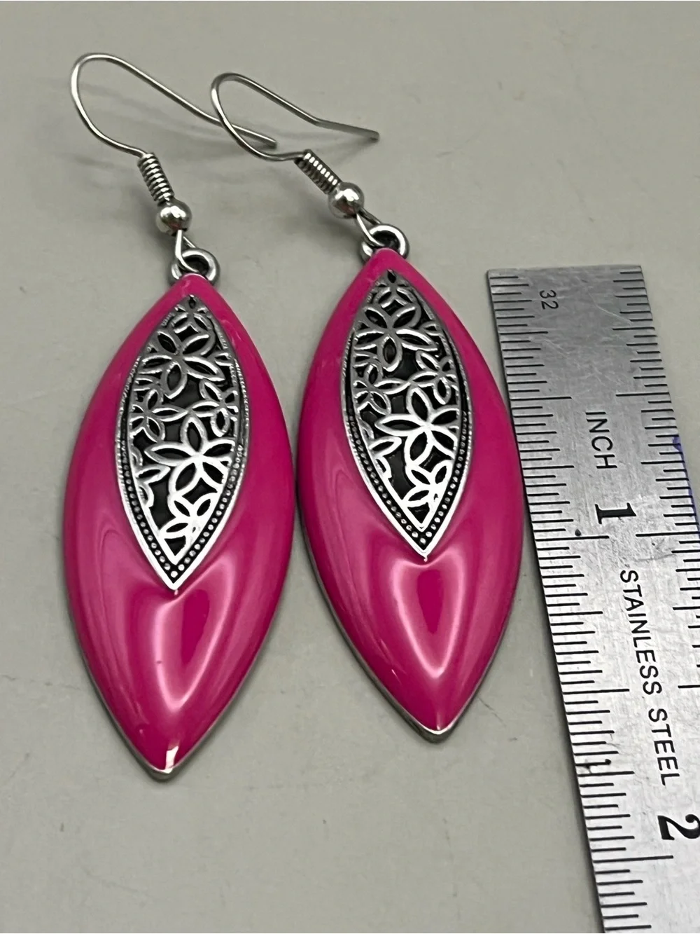 Hot Pink Enamel Marquise Dangle Earrings Silver Filigree Floral Boho Statement